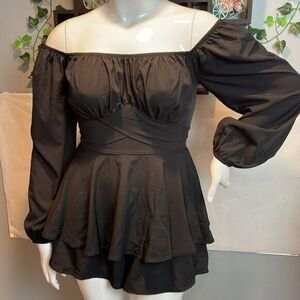 Flamingo‎ Elegant Bell Sleeve Romper High Waist A-Line Ruffle Hem Romper L